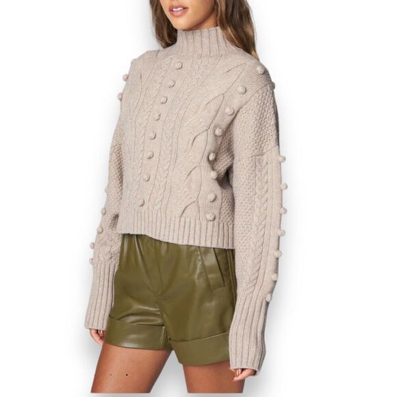 Blank NYC Sweater WMNS XS Beige Crop Cable Knit Mock Neck Pom Pom Holiday 3D - Picture 6 of 13